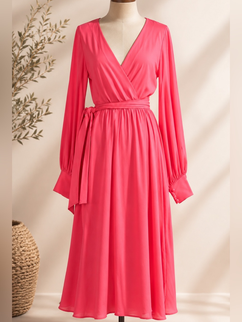 Meghan LA Bright Pink Midi Dress Meghan Fabulous Bishop Sleeve Neon